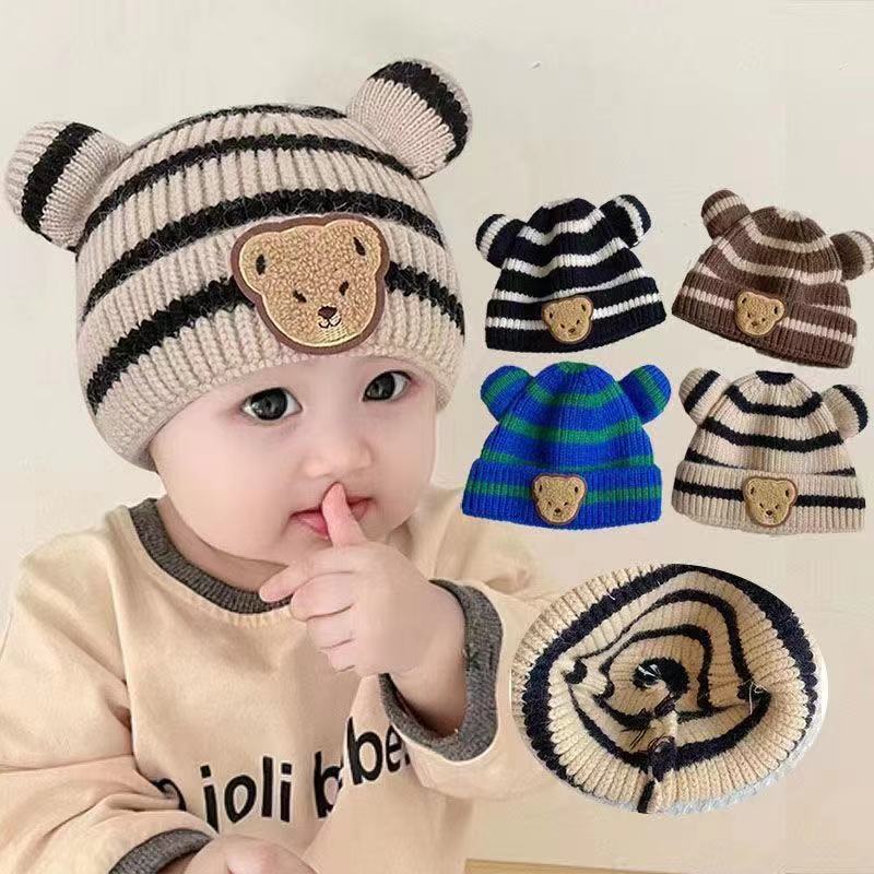 Children's Style Knitted Hat Boys Striped Bear Woolen Kids' Headwear