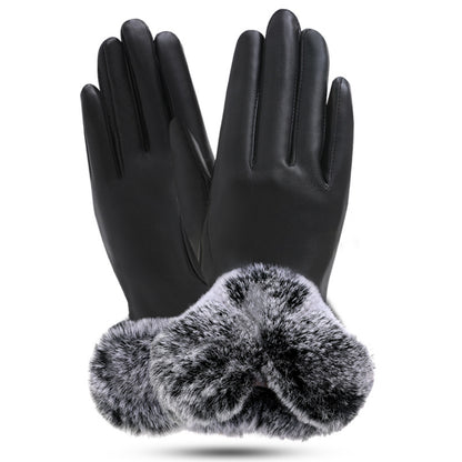 Women's Leather Touch Rex Rabbit Fur Mouth Gloves