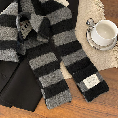 Women's Color Black White Striped Plush Small Winter Scarfs