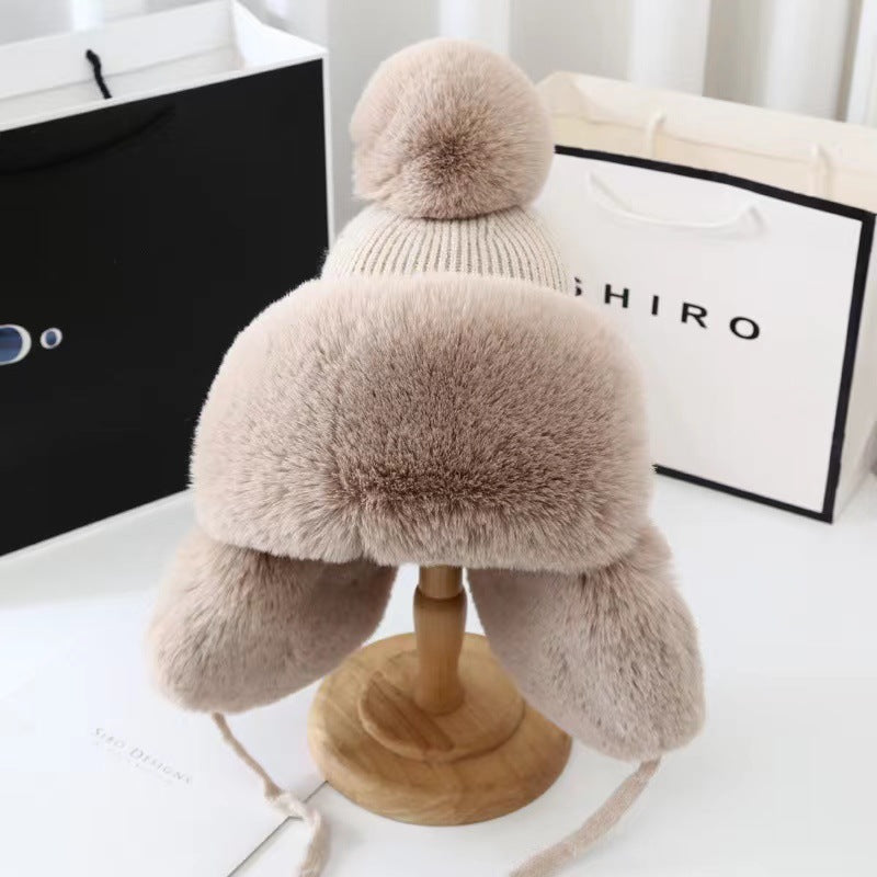 Women's Winter Thickened Cold Protection Plush Fur Ball Knitted Wool Hats & Caps