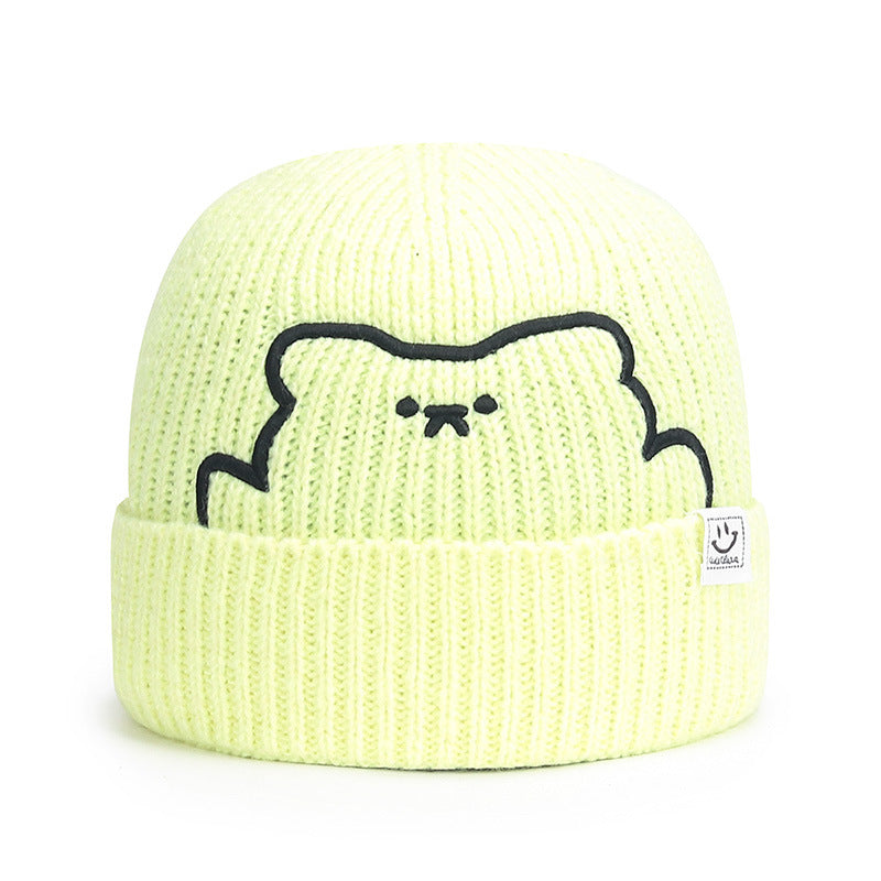 Women's Smiley Face Cloth Label Woolen Green Hats & Caps