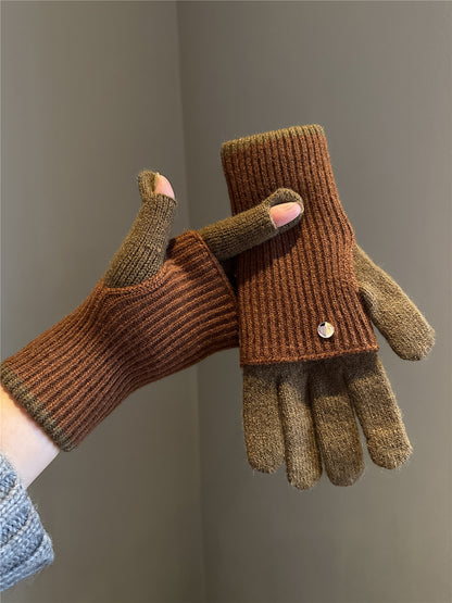 Women's Winter Color Matching Knitted Wool Open Gloves