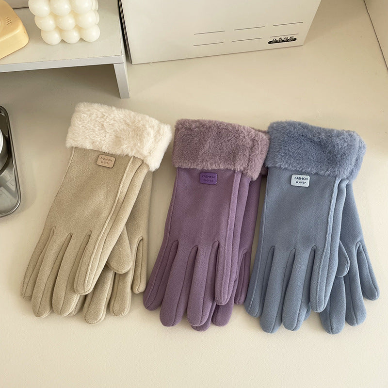 Women's Warm Thickened Cute Ladies Cycling Cold Protection Fleece-lined Five-finger Gloves