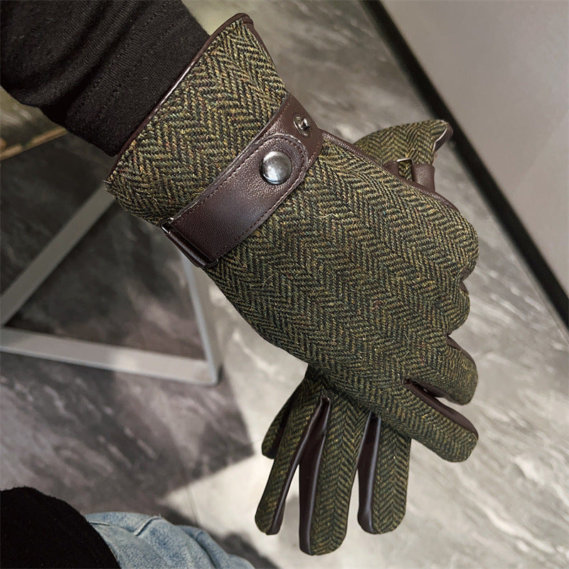 Men's Leather Patchwork Plaid Thermal Fleece-lined Thickened Gloves