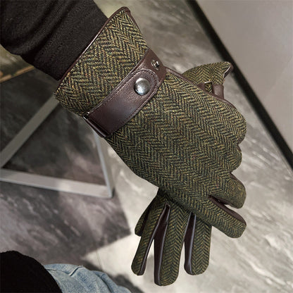 Men's Leather Patchwork Plaid Thermal Fleece-lined Thickened Gloves