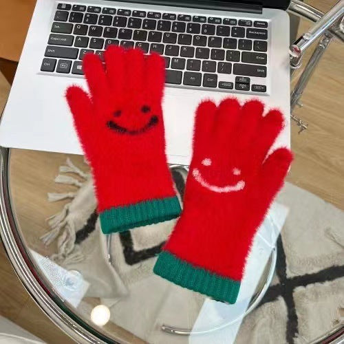 Women's Touch Screen Plush Smiley Face Warm With Gloves