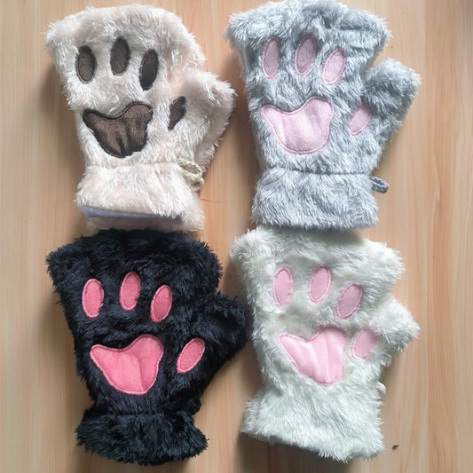 Winter Cute Cartoon Cat Open Finger Warm Gloves