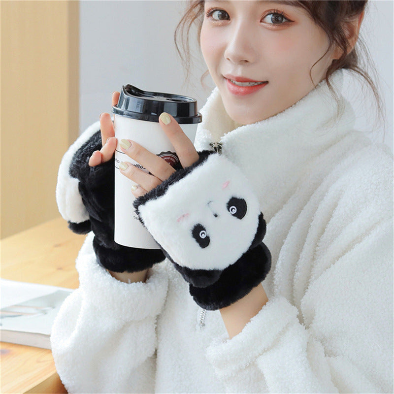 Winter Half Finger Flip Warm Thickened Cute Panda Veet Gloves