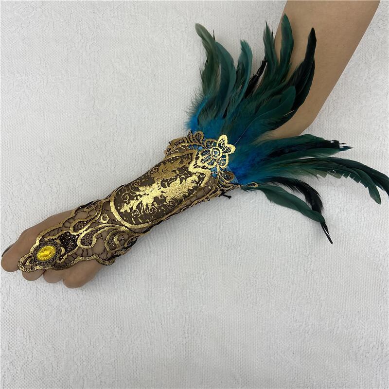 Halloween Feather Gothic Style Hollow Gold Gloves