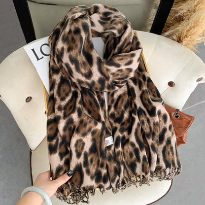 Women's Vintage Leopard Print Winter Design Tassel Scarfs