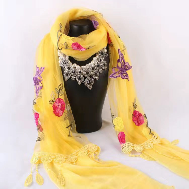 Women's Korean Embroidery Stitching Lace Solid Color Scarfs