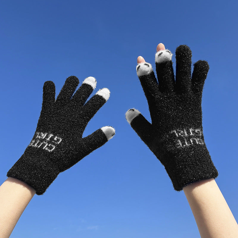 Full Leakage Fleece-lined Thickened Cute Cartoon Gloves