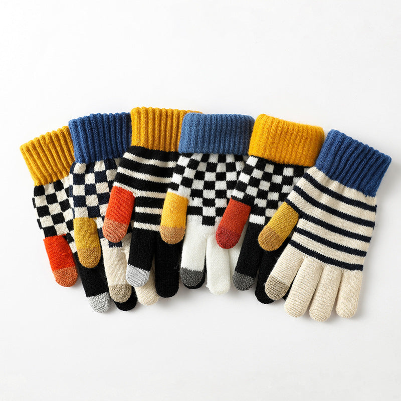 Women's & Men's Plaid Striped With Fleece Lining Touch Gloves