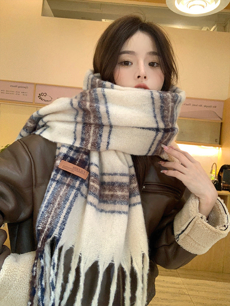 Women's & Men's Korean Style Leather Tag Plaid Tassel Scarfs