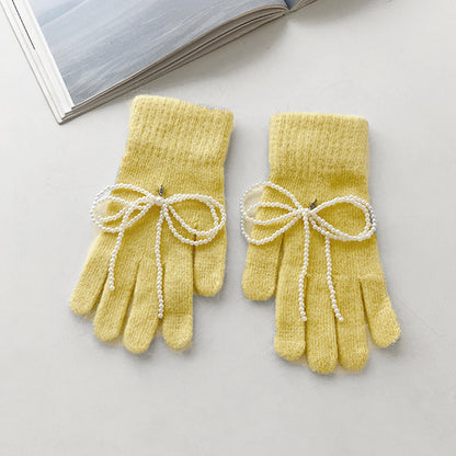 Women's Korean Style Pearl Toque One Bow Warm Gloves