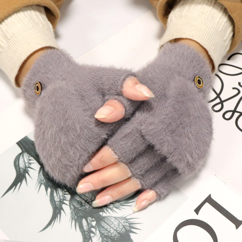 Winter Knitted Plush Half Finger Flip Gloves