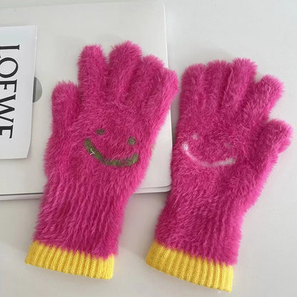 Women's Touch Screen Plush Smiley Face Warm With Gloves