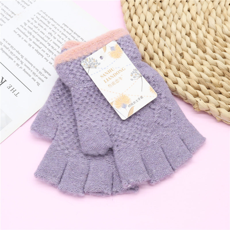 Korean Style Winter Cute Open Finger Wool Gloves