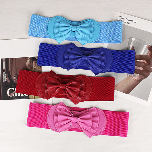 Women's Black Elastic Wide Blue Bow Decorative Belts