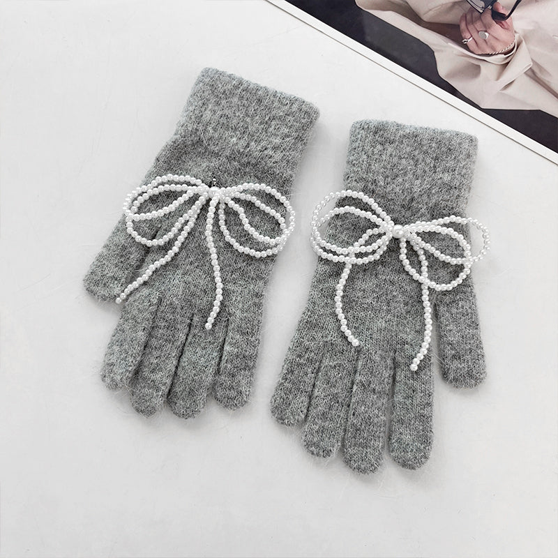 Women's Korean Style Pearl Toque One Bow Warm Gloves