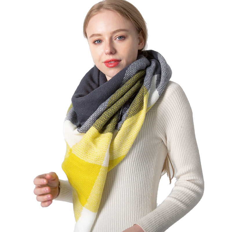 Women's Yellow Gray Large Plaid Square Double-sided Scarfs