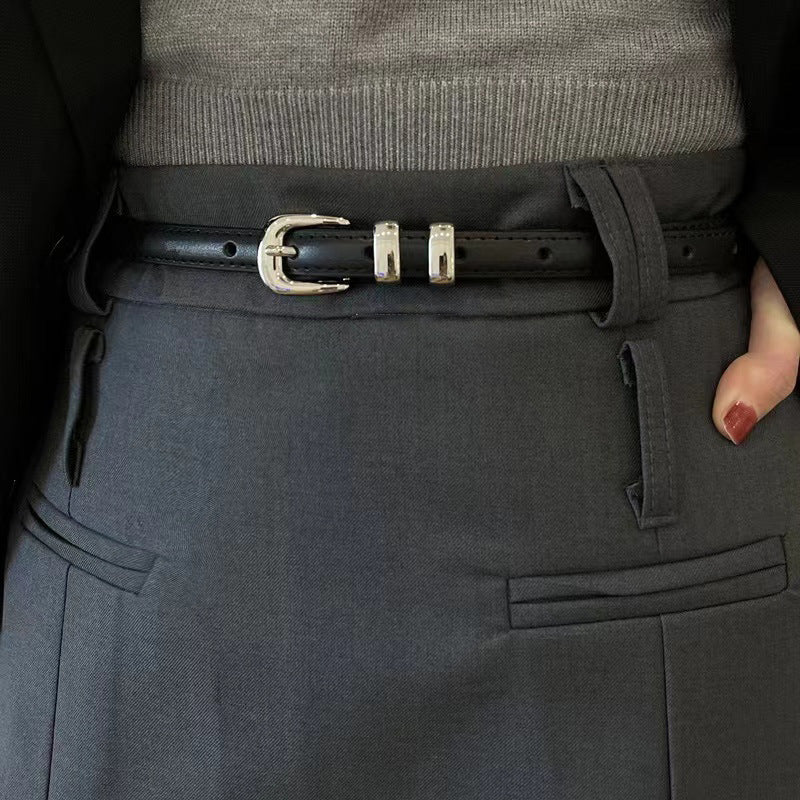 Women's Small Genuine Leather Thin Simple Sier Buckle Belts