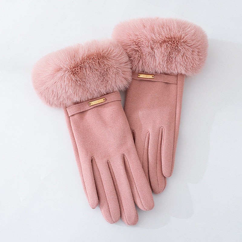 Women's Fleece-lined Thick Cute Windproof Plush Angora Cycling Driving Warm Gloves