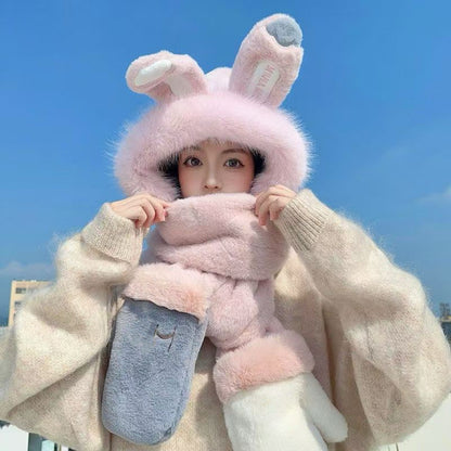 Women's Style Hat Three-piece Set Cute Rabbit Hats & Caps