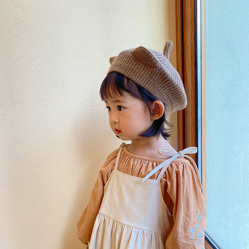 Western Style Beret Plus Lining Kitten Tail Cute Kids' Headwear