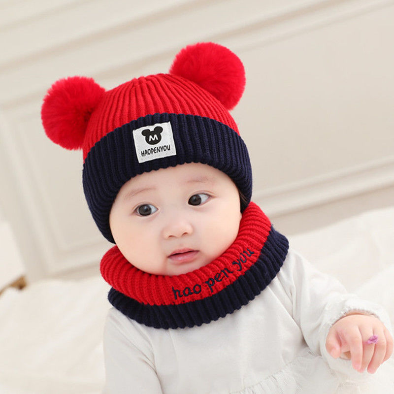 Boys Woolen Cute Thickened Warm Knitted 2 Pieces Kids' Headwear