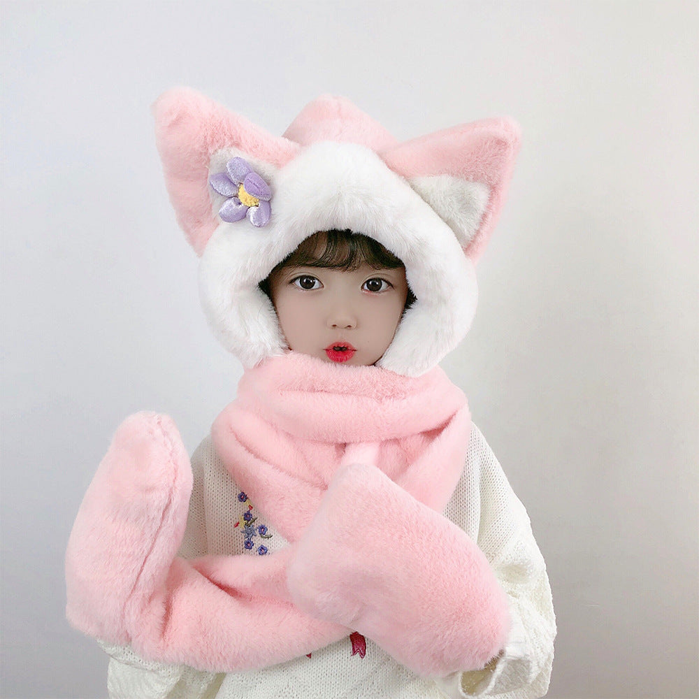 Women's Cute Bear Ear Hat Integrated Hooded Three-piece Kids' Headwear