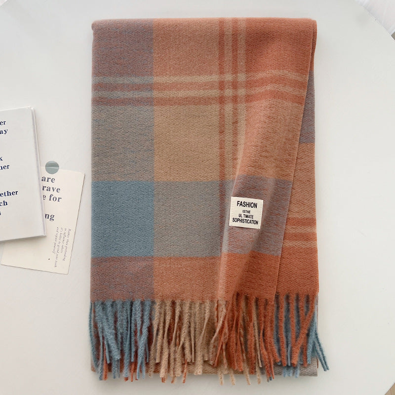 Women's Coffee Color Plaid Korean Thick Warm High-grade Scarfs