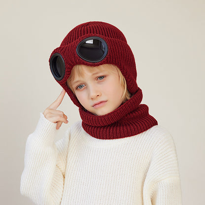 Children's Two-piece Set Winter Fleece-lined Earflaps Woolen Knitted Sleeve Kids' Headwear