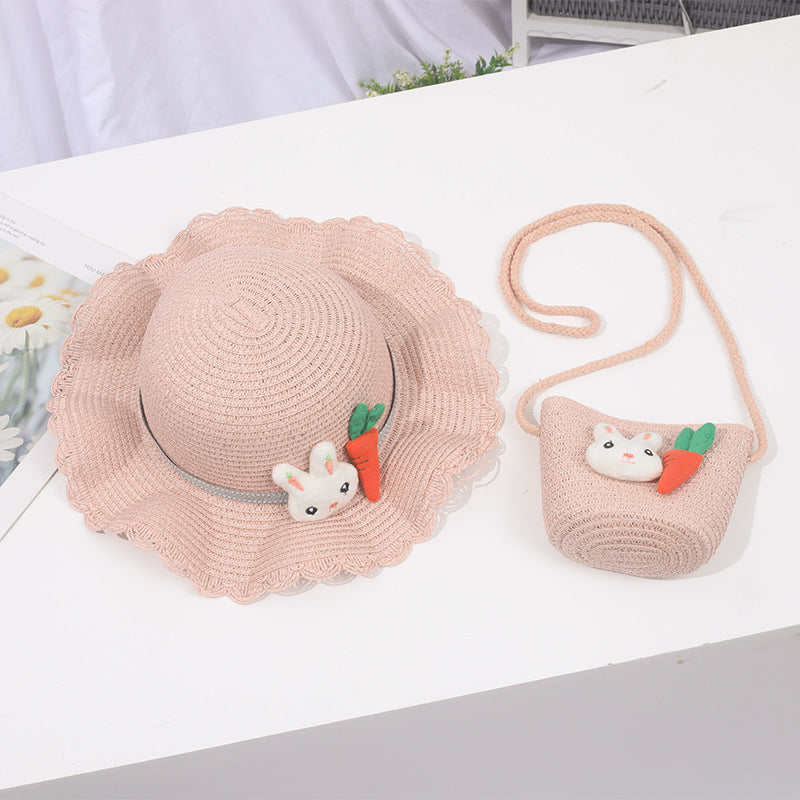 Children's Straw Hat Summer Sun Protection Bag Set Korean Style Kids' Headwear