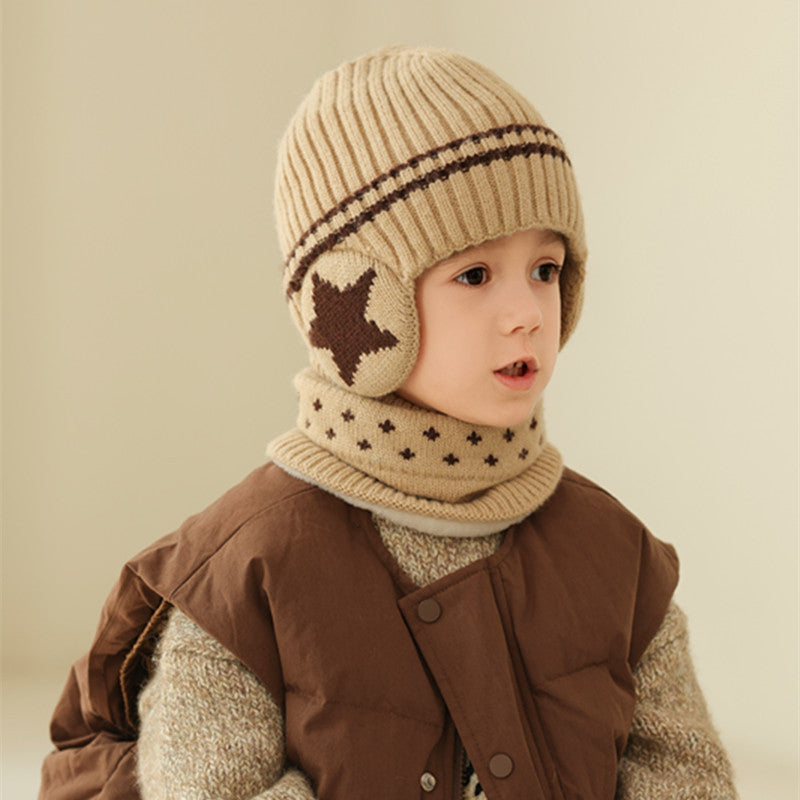 Children's Earflaps Warm Two-piece Set Fleece-lined Woolen Kids' Headwear