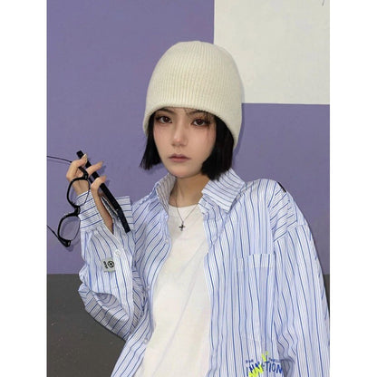 Women's White Knitted Hat Korean Fashionable Solid Color Big Hats & Caps