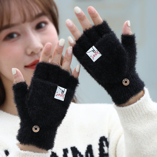 Plush Flip Half Finger Winter Thermal Gloves