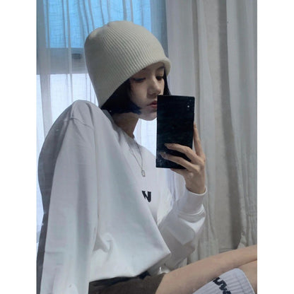 Women's White Knitted Hat Korean Fashionable Solid Color Big Hats & Caps