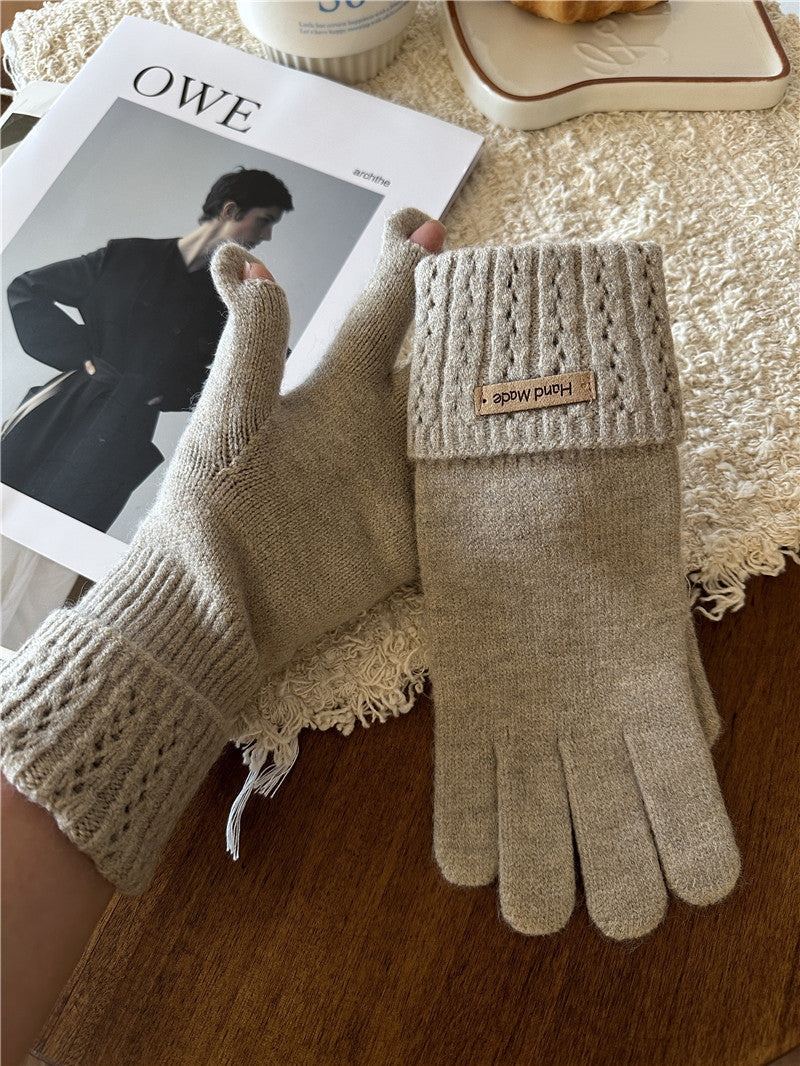 Women's Knitted Cashmere Solid Color Labeling Wrist Guard Gloves