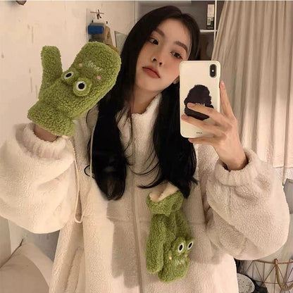 Female Cartoon Cute Fleece-lined Thick Neck Gloves