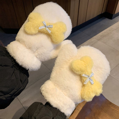 Winter Cute Plush Female Fleece-lined Thickened Finger Gloves