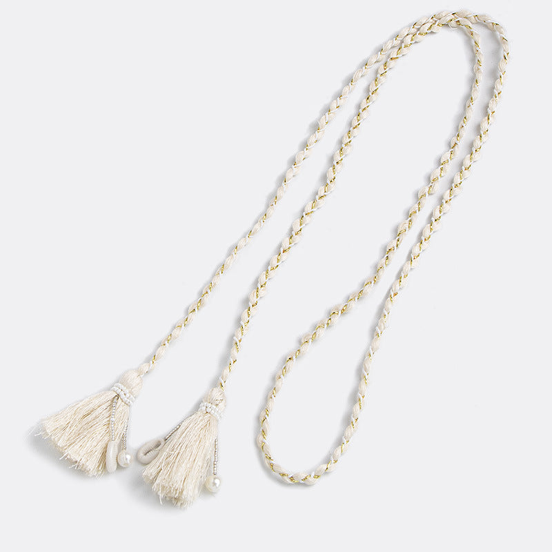 Women's Woven Wooden Bead Tassel Cotton String Belts