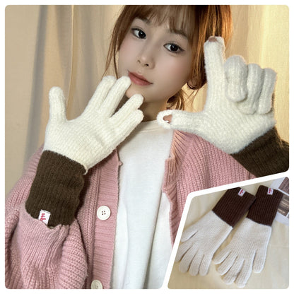 Women's Picture Scroll Color Matching Knitted Five-finger Thickened Warm Gloves