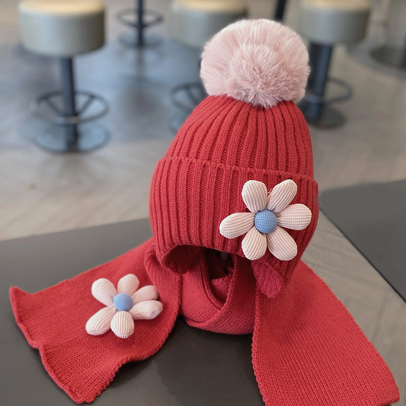 Warm Thickened Two-piece Set Flower Knitted Kids' Headwear