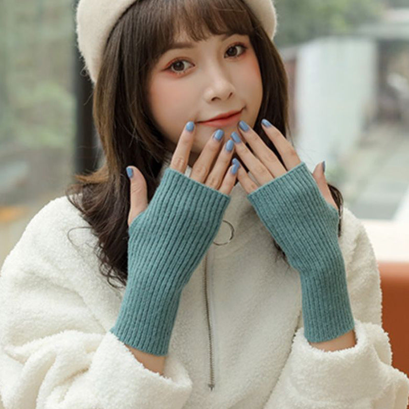 Wool Simple Female Open Finger Touch Screen Thickened Knitting Gloves