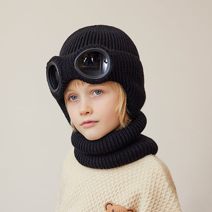 Children's Two-piece Set Winter Fleece-lined Earflaps Woolen Knitted Sleeve Kids' Headwear