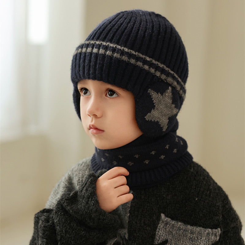 Children's Earflaps Warm Two-piece Set Fleece-lined Woolen Kids' Headwear