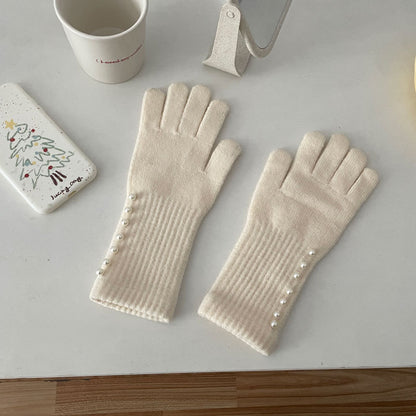 Pearl Knitted Female Riding Finger Open Gloves