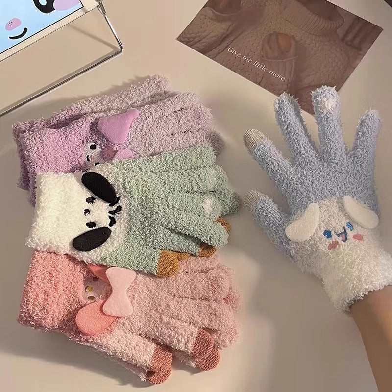 Women's Touch Cute Puppy Plush Knitted Finger Gloves