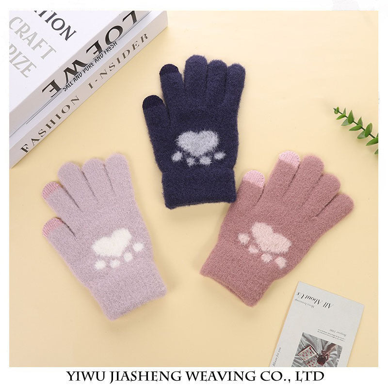 Women's Paw Knitted Cute Fleece-lined Thickened Touch Gloves